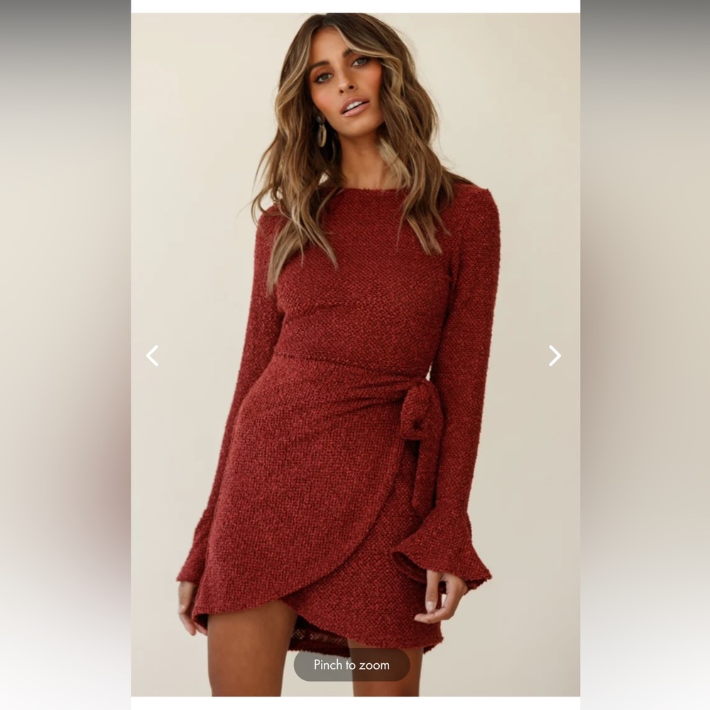MINERVA FLARED CUFF KNIT WRAP DRESS MAROON - Picture 4 of 11